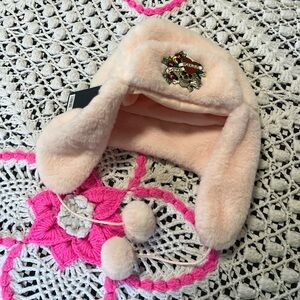 NWT Ed Hardy Plush Earflap Hat in Pale Pink with Pom Poms